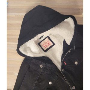 Levi's Corduroy Faux Fur Sherpa Lined Jacket with Hood, Women's Size Medium, Bla